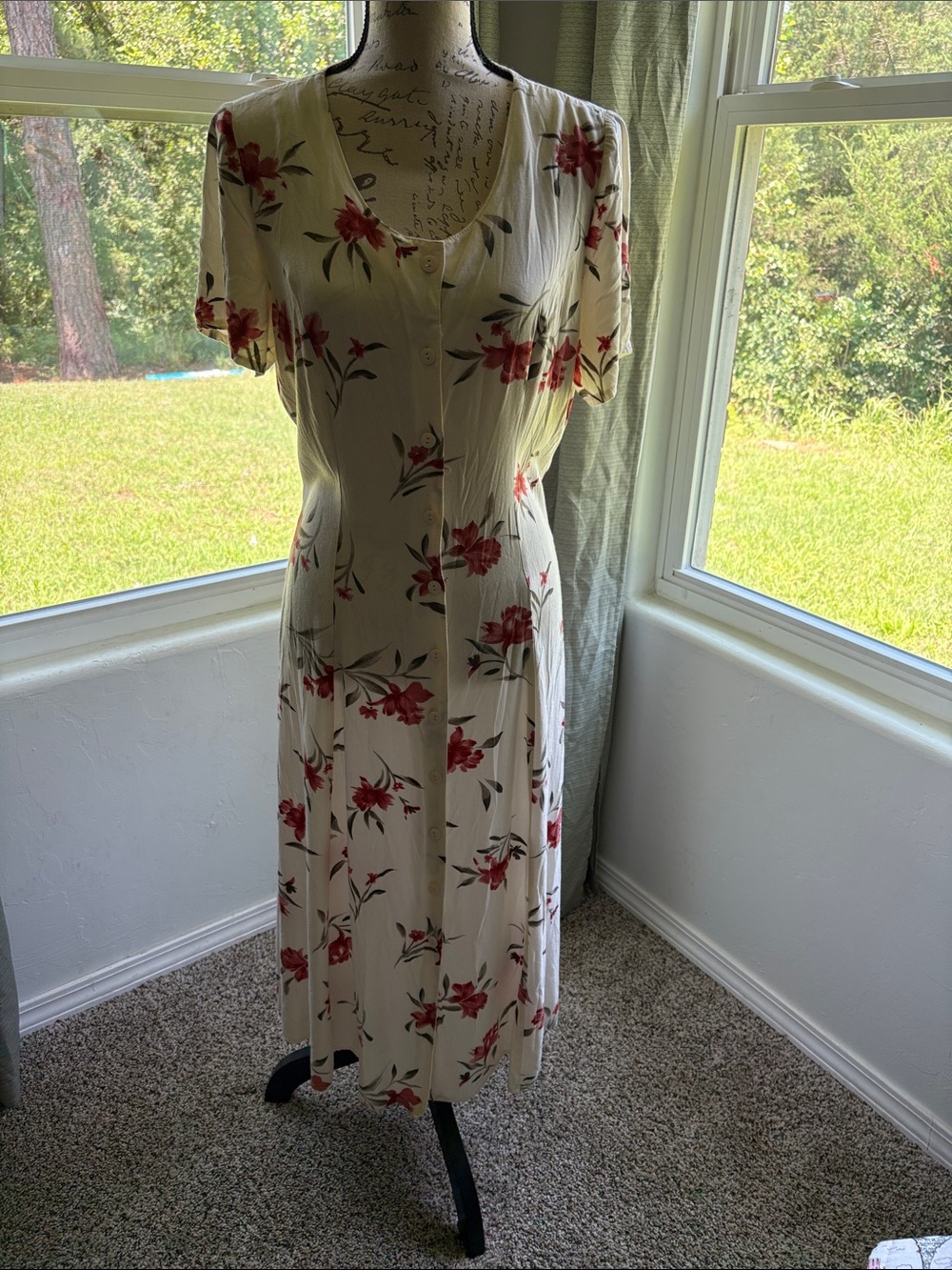 Floral Cream Midi Dress with Red Blooms